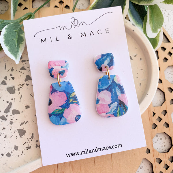 Blue and Pink Floral Polymer Clay Dangle Earrings with Resin Finish