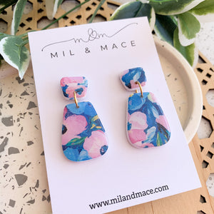 Blue and Pink Floral Polymer Clay Dangle Earrings with Resin Finish