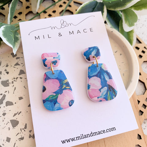 Blue and Pink Floral Polymer Clay Dangle Earrings with Resin Finish