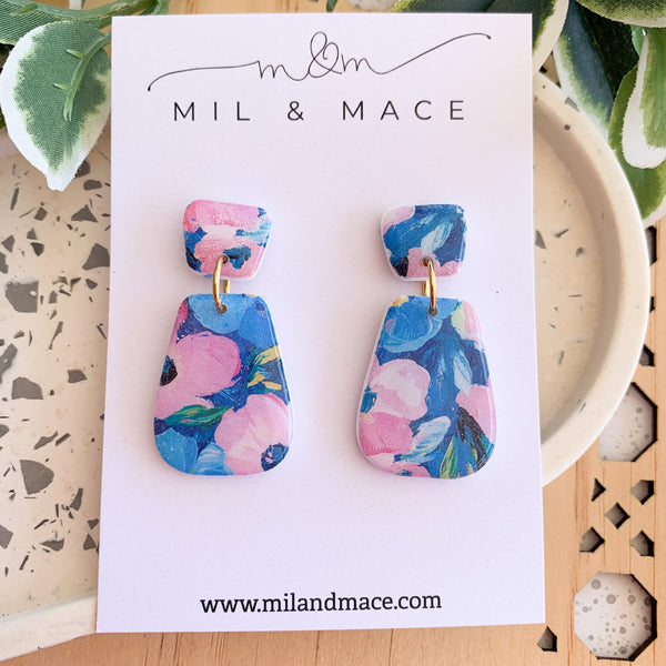 Blue and Pink Floral Polymer Clay Dangle Earrings with Resin Finish