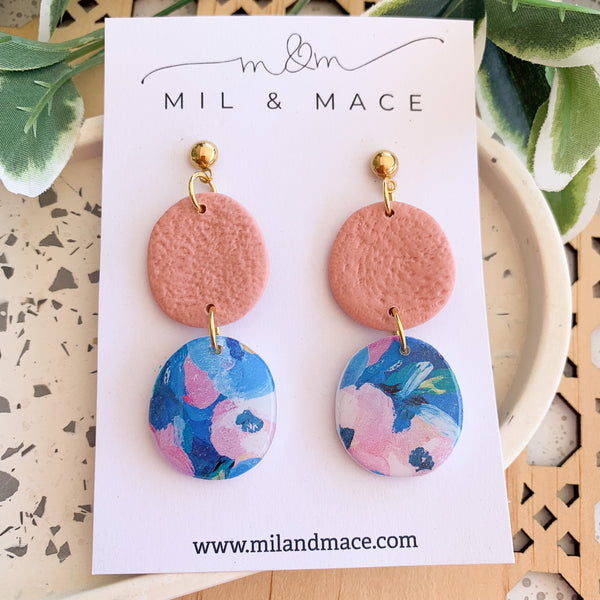 Blue and Pink Floral Polymer Clay Dangle Earrings with Resin Finish