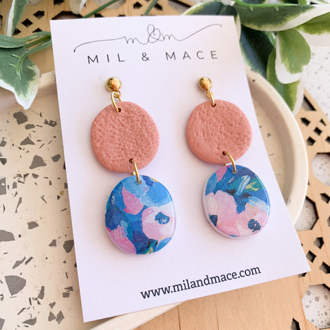 Blue and Pink Floral Polymer Clay Dangle Earrings with Resin Finish