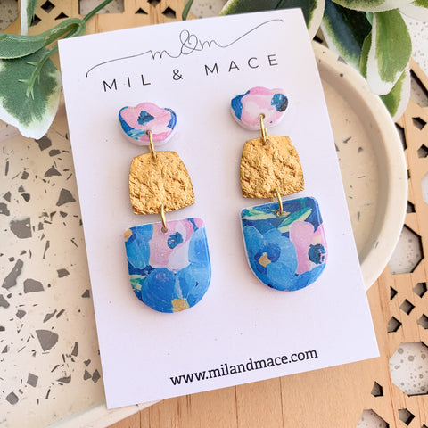 Blue and Pink Floral Polymer Clay Dangle Earrings with Resin Finish