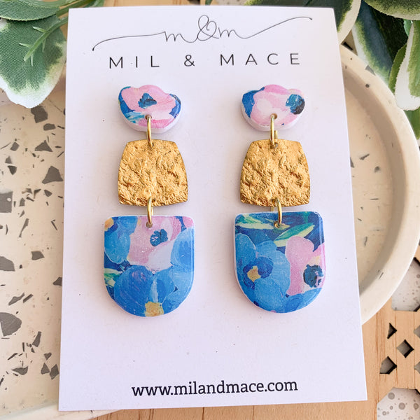 Blue and Pink Floral Polymer Clay Dangle Earrings with Resin Finish