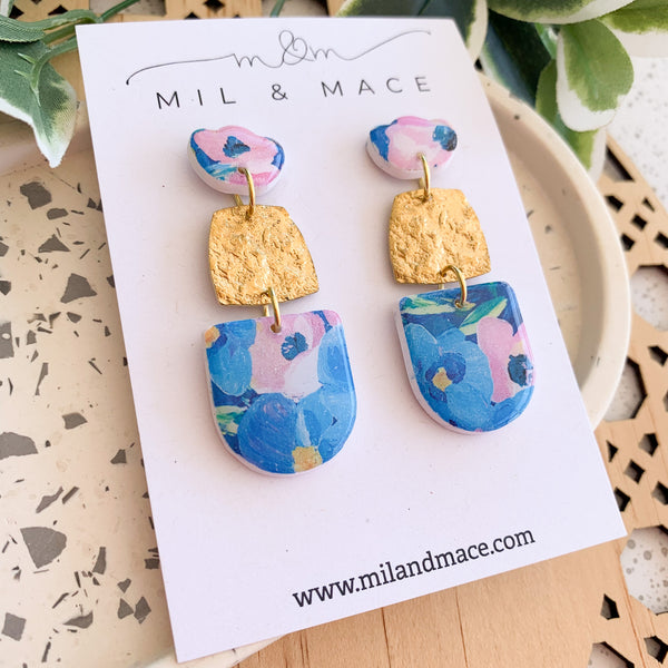 Blue and Pink Floral Polymer Clay Dangle Earrings with Resin Finish