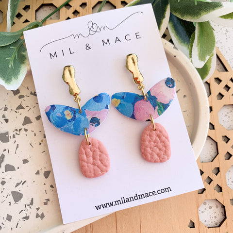 Blue and Pink Floral Polymer Clay Dangle Earrings with Resin Finish