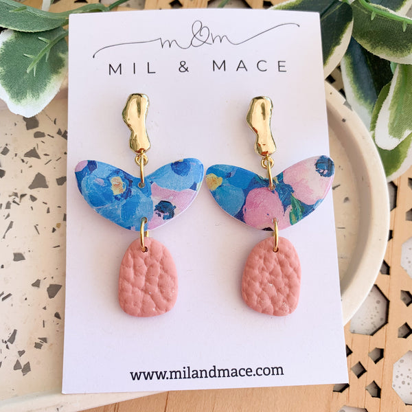 Blue and Pink Floral Polymer Clay Dangle Earrings with Resin Finish