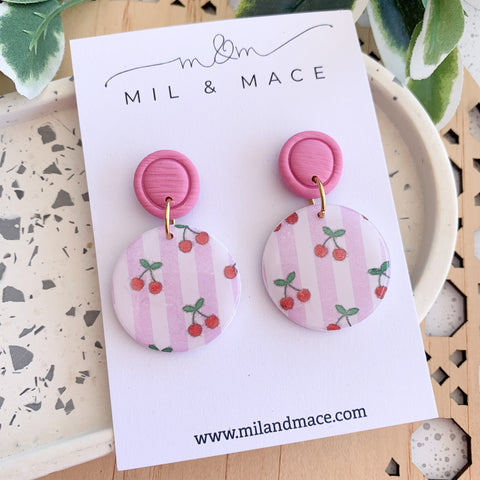 Cherry Print Polymer Clay Dangle Earrings with Resin Finish