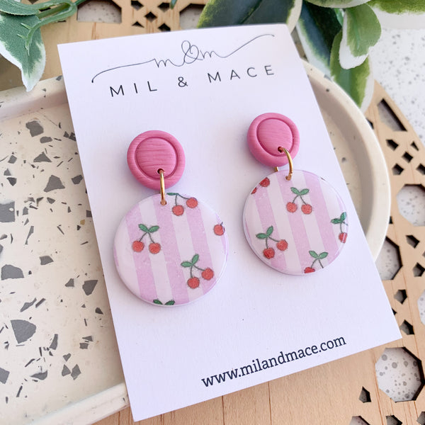 Cherry Print Polymer Clay Dangle Earrings with Resin Finish