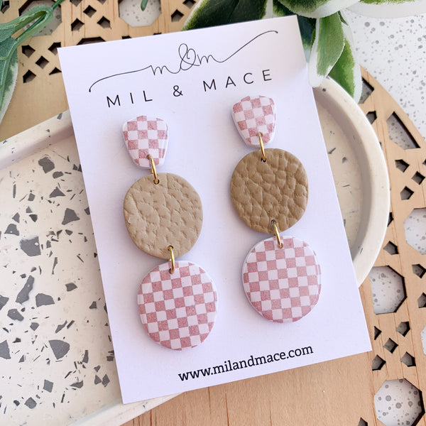 Neutral Check Polymer Clay Dangle Earrings with Resin Finish