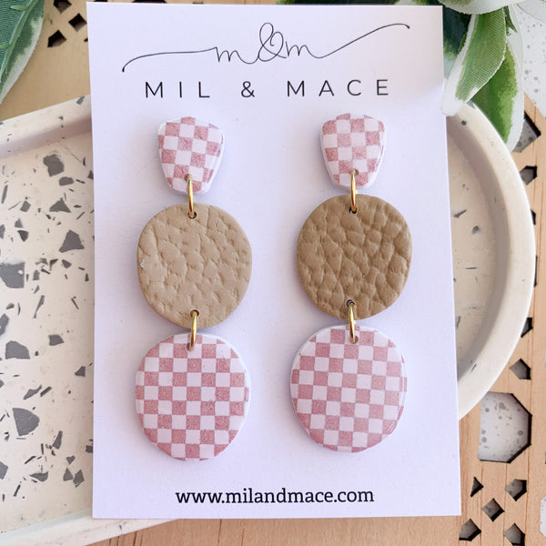 Neutral Check Polymer Clay Dangle Earrings with Resin Finish