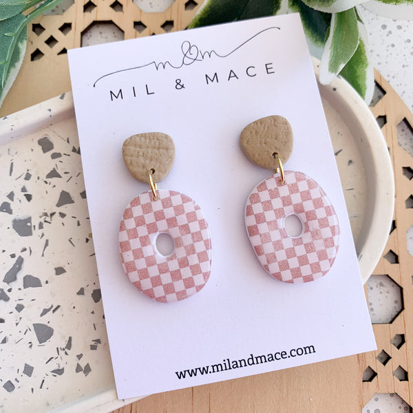 Neutral Check Polymer Clay Dangle Earrings with Resin Finish