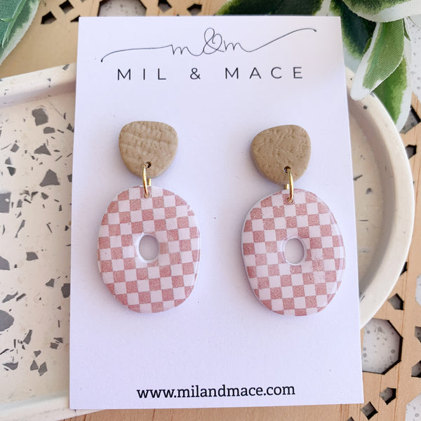 Neutral Check Polymer Clay Dangle Earrings with Resin Finish