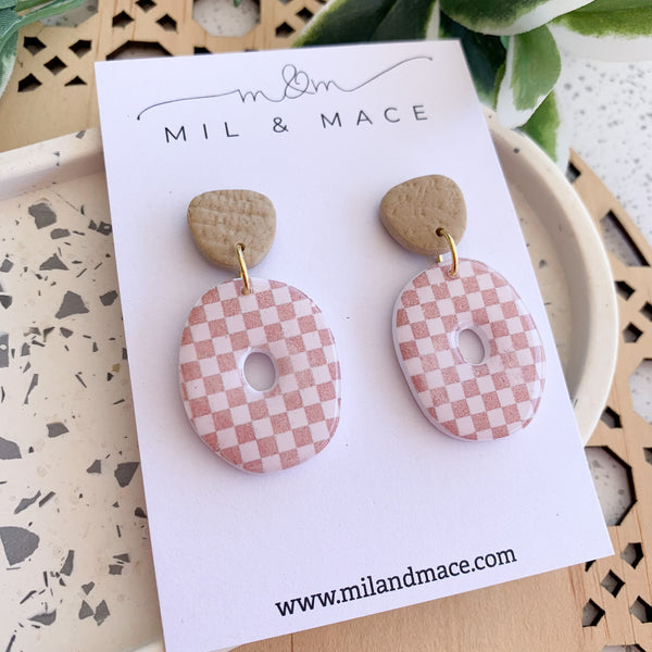Neutral Check Polymer Clay Dangle Earrings with Resin Finish