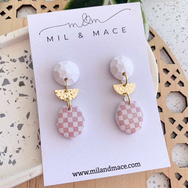 Neutral Check Polymer Clay Dangle Earrings with Resin Finish