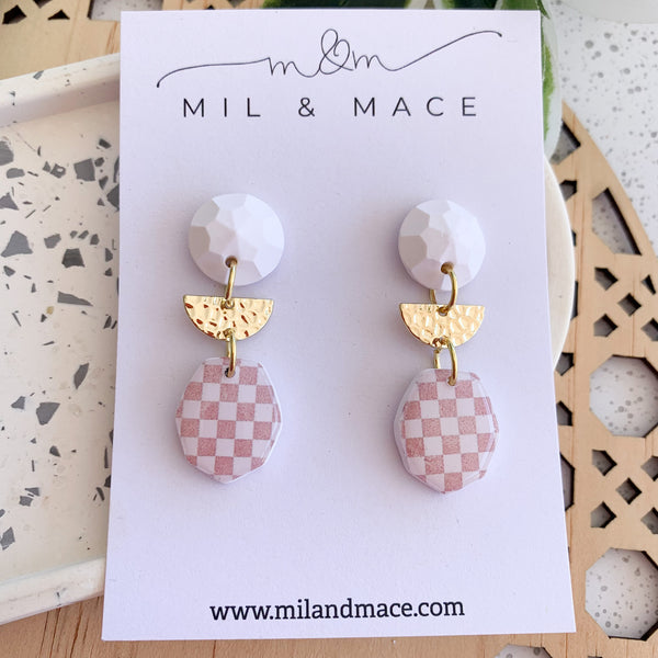 Neutral Check Polymer Clay Dangle Earrings with Resin Finish