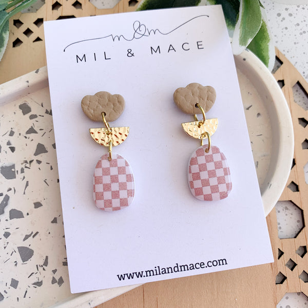 Neutral Check Polymer Clay Dangle Earrings with Resin Finish