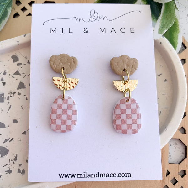 Neutral Check Polymer Clay Dangle Earrings with Resin Finish