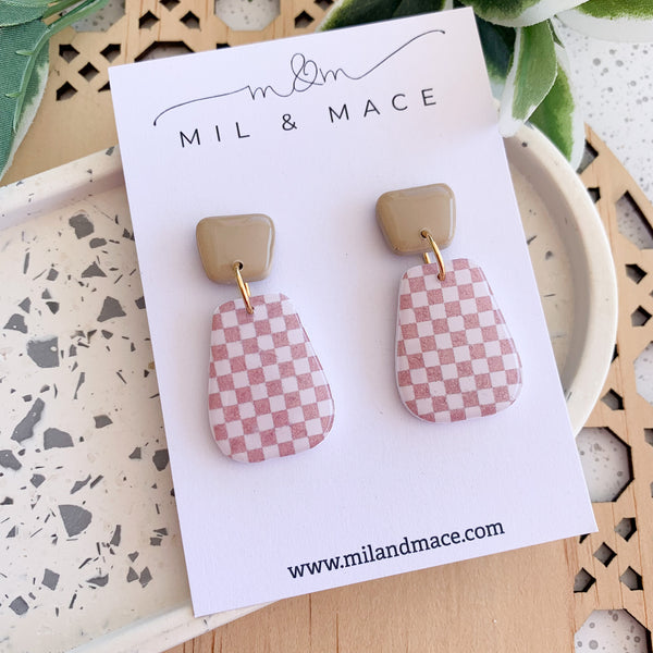 Neutral Check Polymer Clay Dangle Earrings with Resin Finish