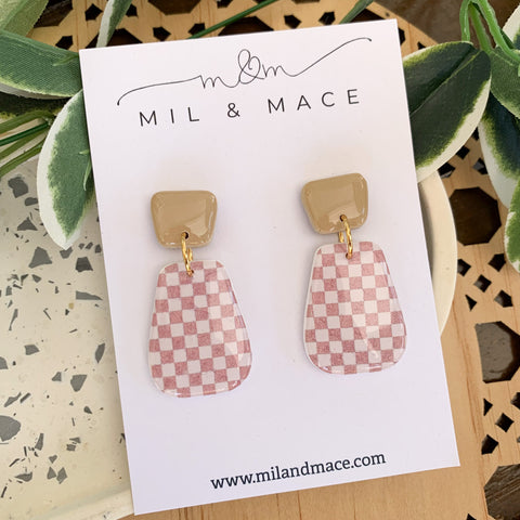 Neutral Check Polymer Clay Dangle Earrings with Resin Finish