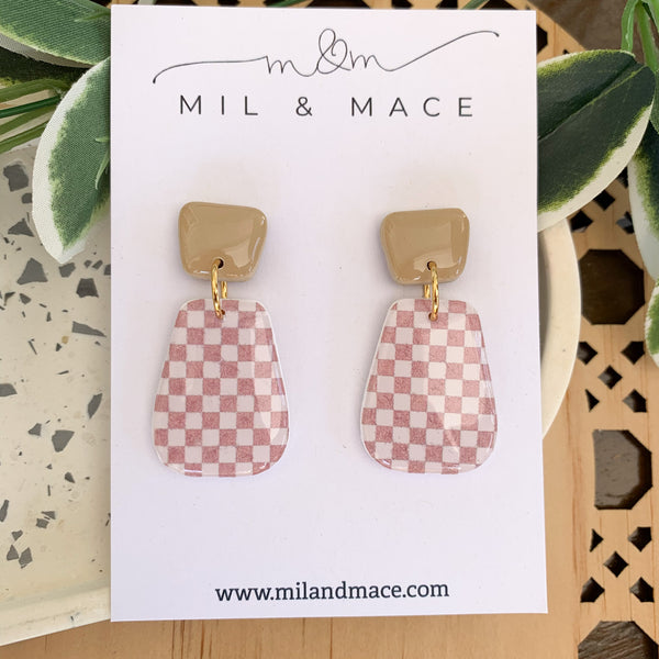 Neutral Check Polymer Clay Dangle Earrings with Resin Finish
