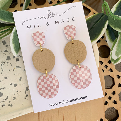 Neutral Check Polymer Clay Dangle Earrings with Resin Finish