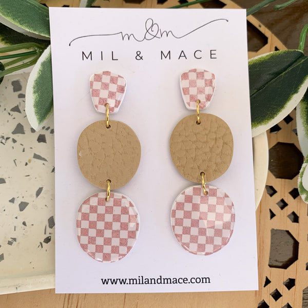 Neutral Check Polymer Clay Dangle Earrings with Resin Finish