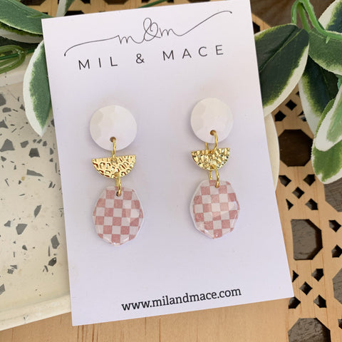 Neutral Check Polymer Clay Dangle Earrings with Resin Finish