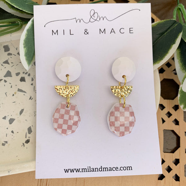 Neutral Check Polymer Clay Dangle Earrings with Resin Finish