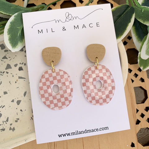 Neutral Check Polymer Clay Dangle Earrings with Resin Finish