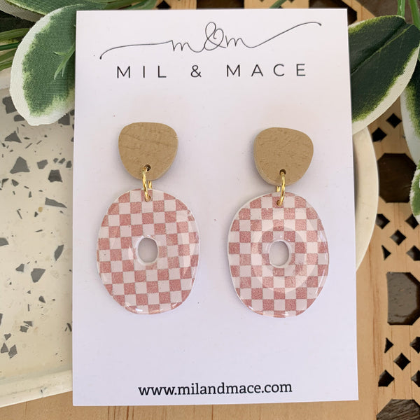 Neutral Check Polymer Clay Dangle Earrings with Resin Finish