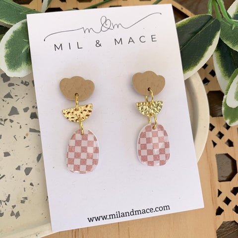 Neutral Check Polymer Clay Dangle Earrings with Resin Finish