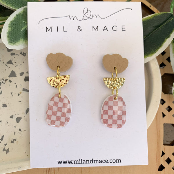 Neutral Check Polymer Clay Dangle Earrings with Resin Finish