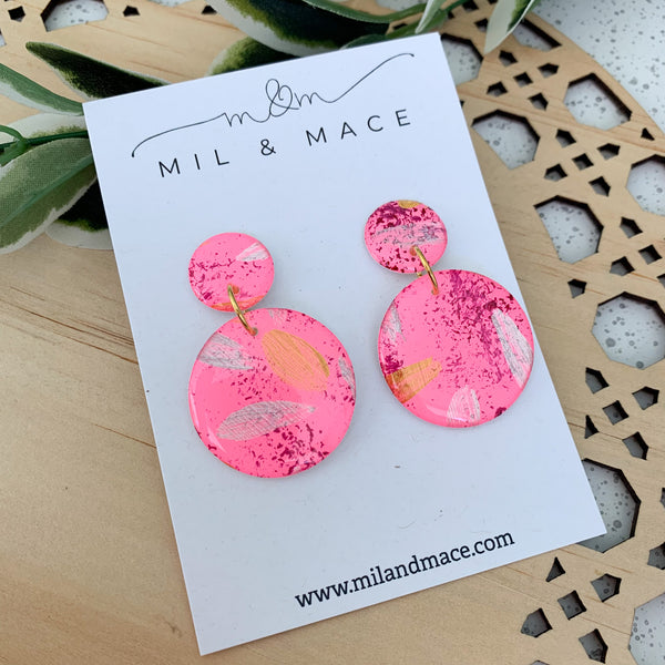 Pink, Gold and Silver Splash Yupo Handpainted Dangle Earrings