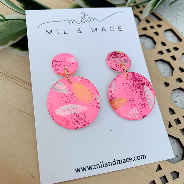 Pink, Gold and Silver Splash Yupo Handpainted Dangle Earrings