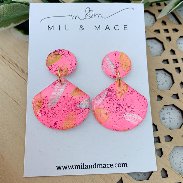 Pink, Gold and Silver Splash Yupo Handpainted Dangle Earrings