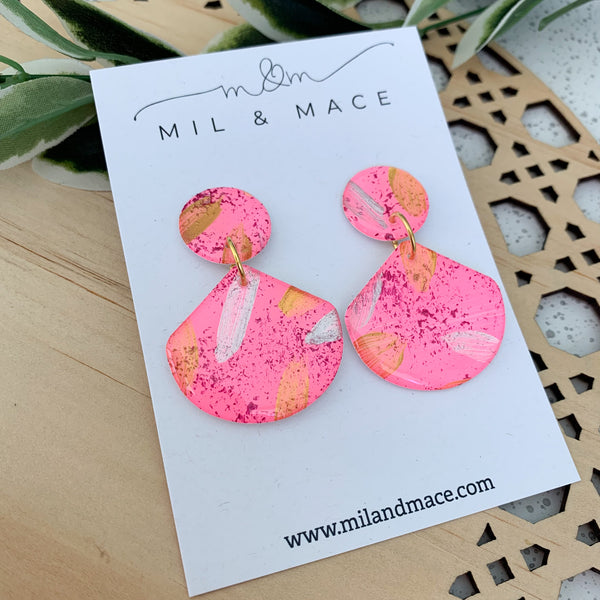 Pink, Gold and Silver Splash Yupo Handpainted Dangle Earrings