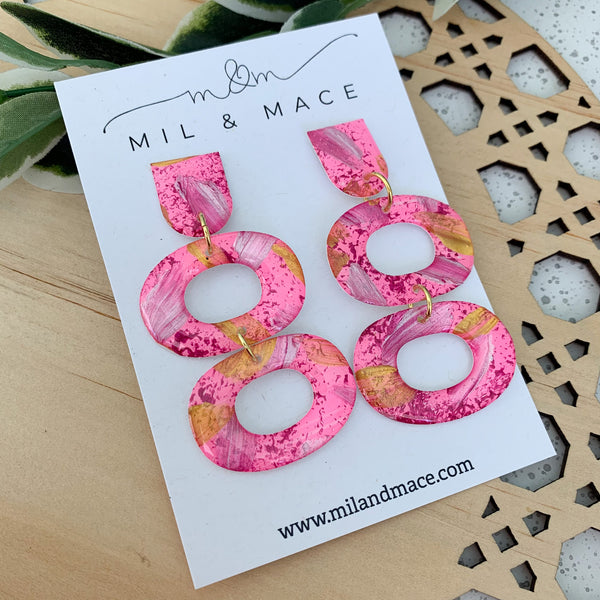 Pink, Gold and Silver Splash Yupo Handpainted Dangle Earrings