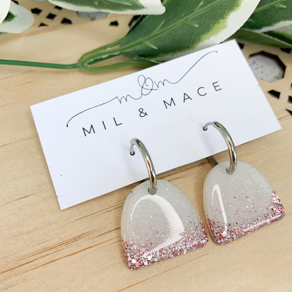 Arches Metallic White and Silver Resin Huggie Dangle Earrings