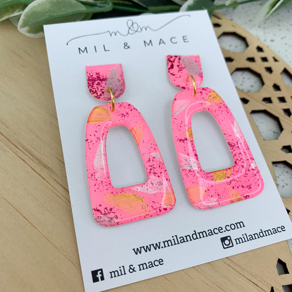 Pink, Gold and Silver Splash Yupo Handpainted Dangle Earrings