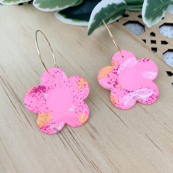 Floral Hand Painted Yupo Dangle Hoop Earrings