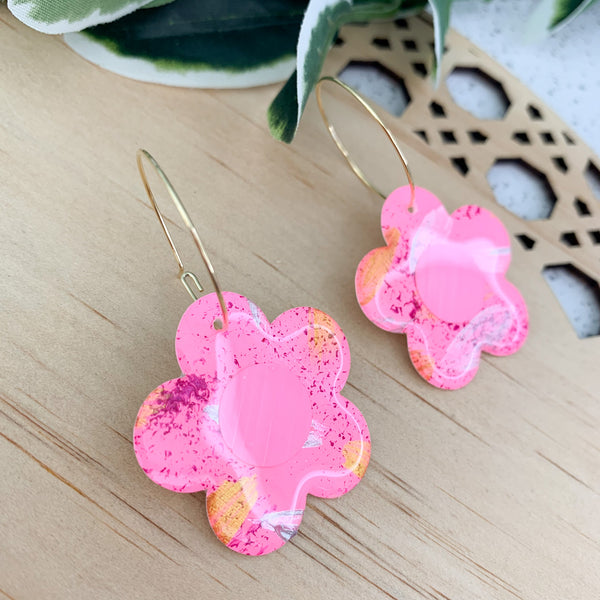 Floral Hand Painted Yupo Dangle Hoop Earrings