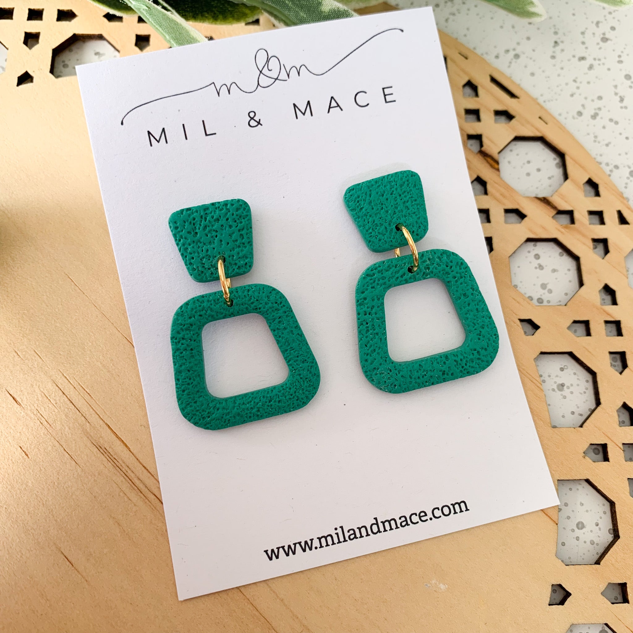 Basics Green Block Colour Polymer Clay Dangle Earrings