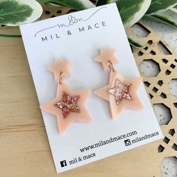 Peach Christmas Stars Acrylic and Resin Dangle Earrings