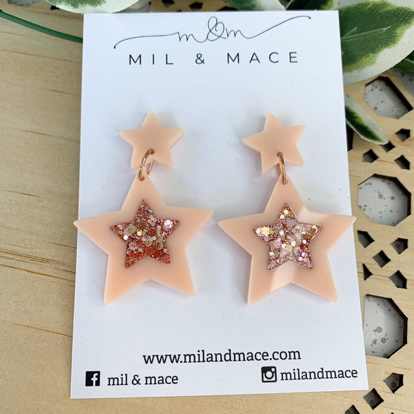 Peach Christmas Stars Acrylic and Resin Dangle Earrings