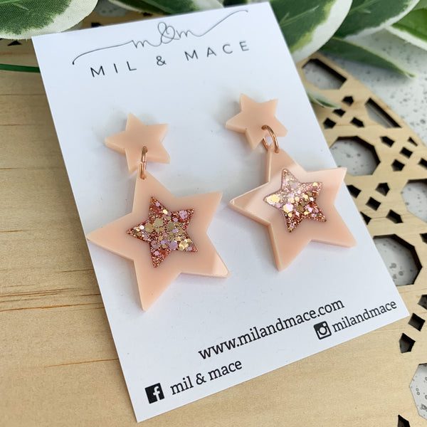 Peach Christmas Stars Acrylic and Resin Dangle Earrings