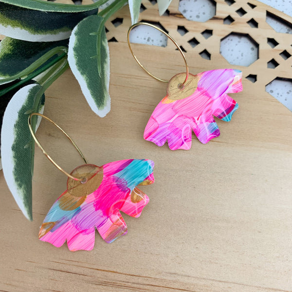 Floral Hand Painted Yupo Dangle Hoop Earrings