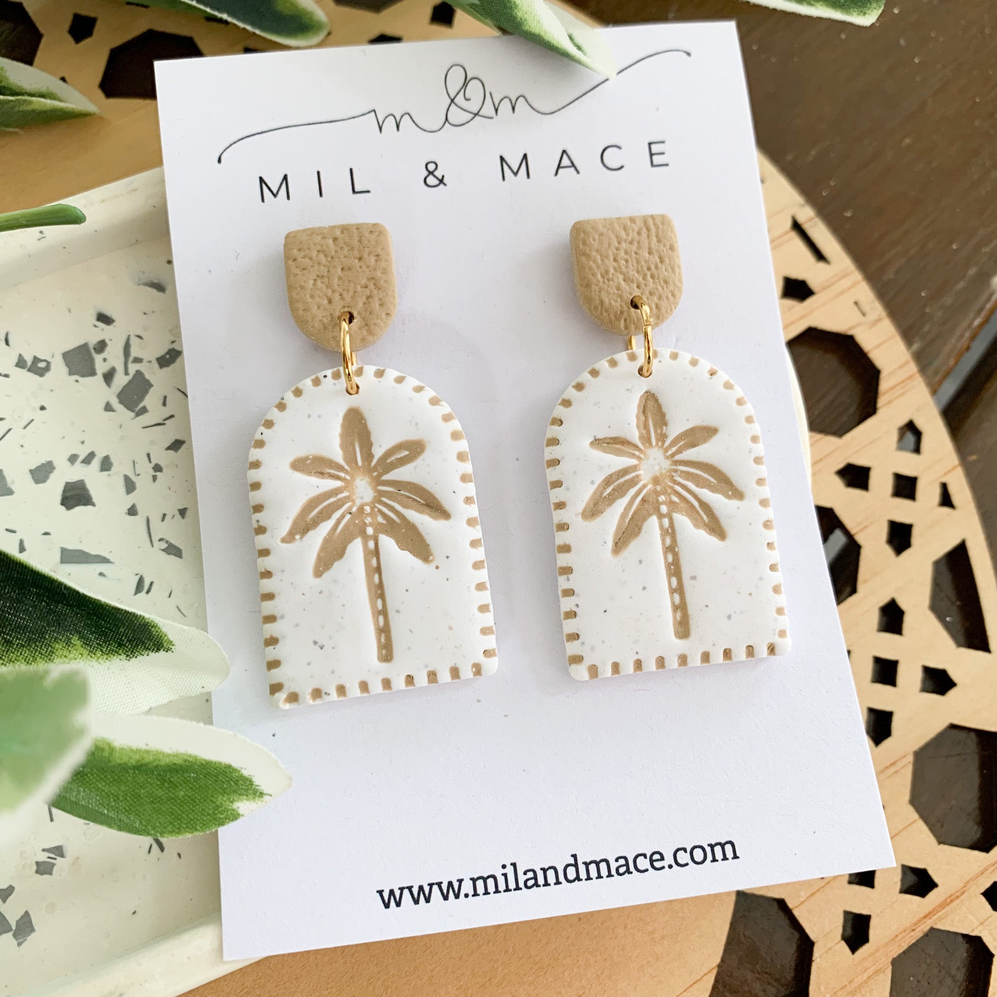 Palms Latte Polymer Clay Dangle Earrings