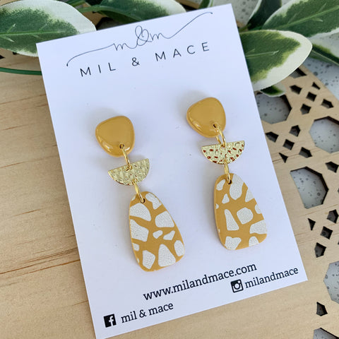 Mustard and White Polymer Clay Dangle Earrings