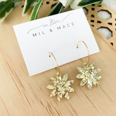 Gold Glitter Flower Hoops Acrylic Dangle Earrings